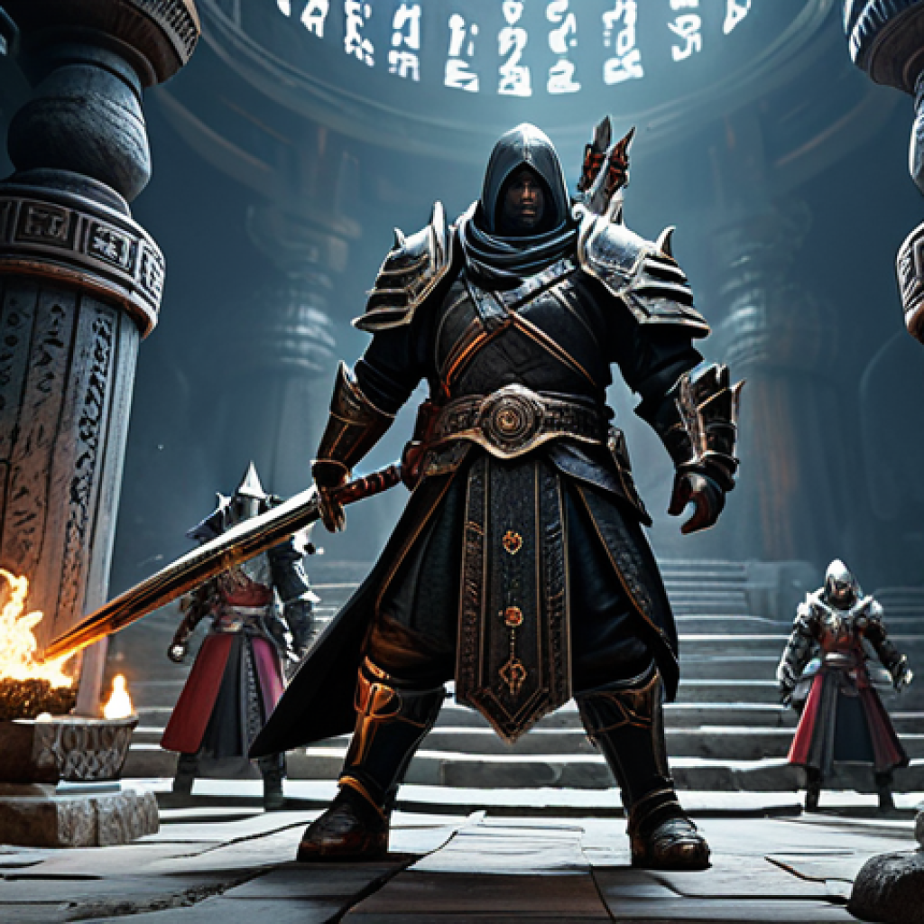 A group of diverse Black Desert Online adventurers, fully clothed in intricate, professional fantasy armor, standing united against the epic World Boss Kzarka. The scene captures a dynamic battle at Kzarka's Shrine, with magical effects and weapon skills illuminating the ancient ruins. The characters are in natural, action-oriented poses, wielding their unique class weapons. The background features the ominous, dark atmosphere of the shrine. Perfect anatomy, correct proportions, well-formed hands, proper finger count, natural body proportions. Professional fantasy art, high detail, high quality, cinematic lighting. safe for work, appropriate content, fully clothed, professional.