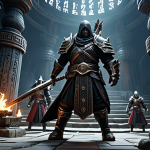 A group of diverse Black Desert Online adventurers, fully clothed in intricate, professional fantasy armor, standing united against the epic World Boss Kzarka. The scene captures a dynamic battle at Kzarka's Shrine, with magical effects and weapon skills illuminating the ancient ruins. The characters are in natural, action-oriented poses, wielding their unique class weapons. The background features the ominous, dark atmosphere of the shrine. Perfect anatomy, correct proportions, well-formed hands, proper finger count, natural body proportions. Professional fantasy art, high detail, high quality, cinematic lighting. safe for work, appropriate content, fully clothed, professional.