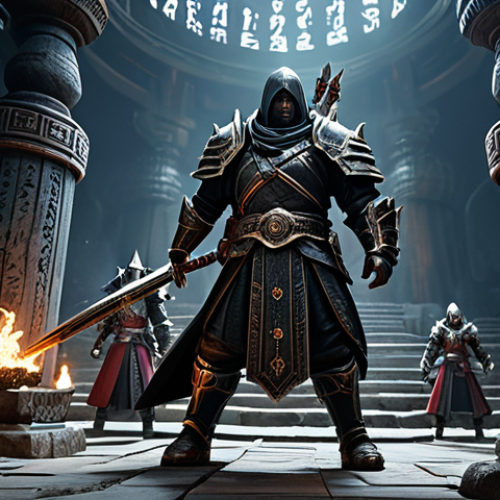 A group of diverse Black Desert Online adventurers, fully clothed in intricate, professional fantasy armor, standing united against the epic World Boss Kzarka. The scene captures a dynamic battle at Kzarka's Shrine, with magical effects and weapon skills illuminating the ancient ruins. The characters are in natural, action-oriented poses, wielding their unique class weapons. The background features the ominous, dark atmosphere of the shrine. Perfect anatomy, correct proportions, well-formed hands, proper finger count, natural body proportions. Professional fantasy art, high detail, high quality, cinematic lighting. safe for work, appropriate content, fully clothed, professional.