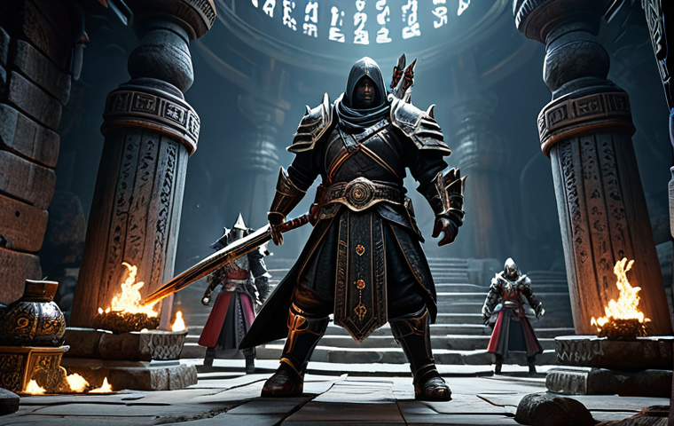 A group of diverse Black Desert Online adventurers, fully clothed in intricate, professional fantasy armor, standing united against the epic World Boss Kzarka. The scene captures a dynamic battle at Kzarka's Shrine, with magical effects and weapon skills illuminating the ancient ruins. The characters are in natural, action-oriented poses, wielding their unique class weapons. The background features the ominous, dark atmosphere of the shrine. Perfect anatomy, correct proportions, well-formed hands, proper finger count, natural body proportions. Professional fantasy art, high detail, high quality, cinematic lighting. safe for work, appropriate content, fully clothed, professional.